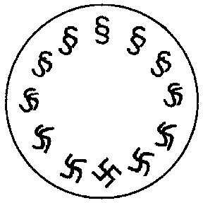 Teckning f�rest�llande ett paragraftecken som stegvis, i form av en cirkel, f�rvandlas till ett hakkors och tillbaka till ett paragraftecken